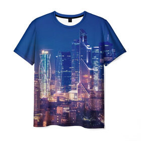 Мужская футболка 3D с принтом Ночная Москва в Белгороде, 100% полиэфир | прямой крой, круглый вырез горловины, длина до линии бедер | город | москва сити | пейзаж