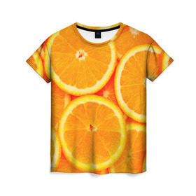Женская футболка 3D с принтом Апельсины в Белгороде, 100% полиэфир ( синтетическое хлопкоподобное полотно) | прямой крой, круглый вырез горловины, длина до линии бедер | апельсин | долька | цитрус