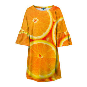 Детское платье 3D с принтом Апельсины в Белгороде, 100% полиэстер | прямой силуэт, чуть расширенный к низу. Круглая горловина, на рукавах — воланы | апельсин | долька | цитрус