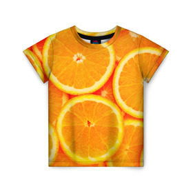 Детская футболка 3D с принтом Апельсины в Белгороде, 100% гипоаллергенный полиэфир | прямой крой, круглый вырез горловины, длина до линии бедер, чуть спущенное плечо, ткань немного тянется | Тематика изображения на принте: апельсин | долька | цитрус