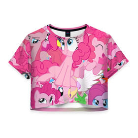 Женская футболка 3D укороченная с принтом Pinky Pie в Белгороде, 100% полиэстер | круглая горловина, длина футболки до линии талии, рукава с отворотами | my little pony | луна | пинки пай | пони | рарити | рейнбоу дэш | селестия | сумеречная искорка | флаттершай | эплджек