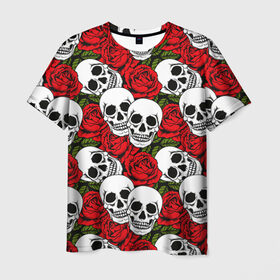 Мужская футболка 3D с принтом Черепа в розах в Белгороде, 100% полиэфир | прямой крой, круглый вырез горловины, длина до линии бедер | music | rock | skull | музыка | рок | череп | черепа