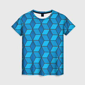 Женская футболка 3D с принтом Blue cube в Белгороде, 100% полиэфир ( синтетическое хлопкоподобное полотно) | прямой крой, круглый вырез горловины, длина до линии бедер | кубы | паттерн | синий
