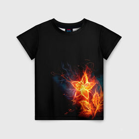 Детская футболка 3D с принтом Огненный цветок в Белгороде, 100% гипоаллергенный полиэфир | прямой крой, круглый вырез горловины, длина до линии бедер, чуть спущенное плечо, ткань немного тянется | огненный | огонь | пламя | цветок | цветы