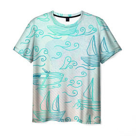 Мужская футболка 3D с принтом Лазурные корабли в Белгороде, 100% полиэфир | прямой крой, круглый вырез горловины, длина до линии бедер | арт | волны | корабли | лодки | море | океан