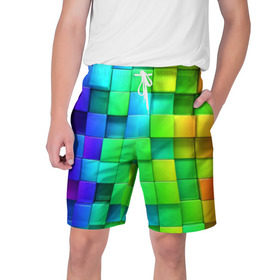 Мужские шорты 3D с принтом Кубики в Белгороде,  полиэстер 100% | прямой крой, два кармана без застежек по бокам. Мягкая трикотажная резинка на поясе, внутри которой широкие завязки. Длина чуть выше колен | Тематика изображения на принте: квадраты | кубики | радуга | разноцветные