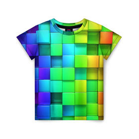 Детская футболка 3D с принтом Кубики в Белгороде, 100% гипоаллергенный полиэфир | прямой крой, круглый вырез горловины, длина до линии бедер, чуть спущенное плечо, ткань немного тянется | квадраты | кубики | радуга | разноцветные