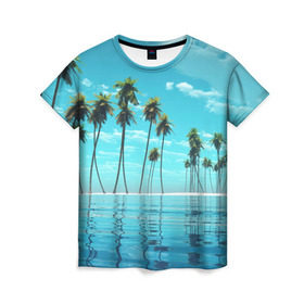 Женская футболка 3D с принтом Фиджи в Белгороде, 100% полиэфир ( синтетическое хлопкоподобное полотно) | прямой крой, круглый вырез горловины, длина до линии бедер | архипелаг | загар | каникулы | королевство | море | остров | отдых | отпуск | пальмы | песок | рай | солнце | тихий океан | туризм | фиджи