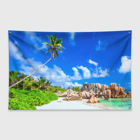 Флаг-баннер с принтом Сейшельские острова в Белгороде, 100% полиэстер | размер 67 х 109 см, плотность ткани — 95 г/м2; по краям флага есть четыре люверса для крепления | Тематика изображения на принте: seychelles | восточная африка | индийский океан | каникулы | море | островное государство | отдых | отпуск | пальмы | песок | пляж | приключение | путешествие | рай | сейшелы | сейшельские острова | туризм