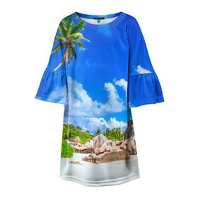 Детское платье 3D с принтом Сейшельские острова в Белгороде, 100% полиэстер | прямой силуэт, чуть расширенный к низу. Круглая горловина, на рукавах — воланы | seychelles | восточная африка | индийский океан | каникулы | море | островное государство | отдых | отпуск | пальмы | песок | пляж | приключение | путешествие | рай | сейшелы | сейшельские острова | туризм