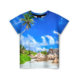 Детская футболка 3D с принтом Сейшельские острова в Белгороде, 100% гипоаллергенный полиэфир | прямой крой, круглый вырез горловины, длина до линии бедер, чуть спущенное плечо, ткань немного тянется | Тематика изображения на принте: seychelles | восточная африка | индийский океан | каникулы | море | островное государство | отдых | отпуск | пальмы | песок | пляж | приключение | путешествие | рай | сейшелы | сейшельские острова | туризм