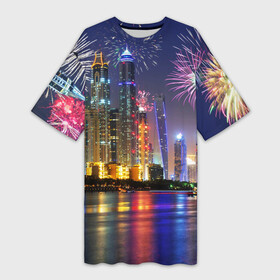 Платье-футболка 3D с принтом Салют в Дубае в Белгороде,  |  | dubai | абу даби | арабские эмираты | ближний восток | богатство | бурдж халифа | дубай | изобилие | каникулы | мегаполис | нефть | оаэ | отпуск | персидский залив | праздник | роскошь | салют