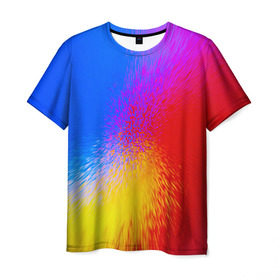 Мужская футболка 3D с принтом Взрыв красок в Белгороде, 100% полиэфир | прямой крой, круглый вырез горловины, длина до линии бедер | брызги | желтый | красный | синий