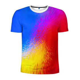 Мужская футболка 3D спортивная с принтом Взрыв красок в Белгороде, 100% полиэстер с улучшенными характеристиками | приталенный силуэт, круглая горловина, широкие плечи, сужается к линии бедра | брызги | желтый | красный | синий