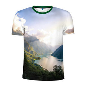 Мужская футболка 3D спортивная с принтом Горное озеро в Белгороде, 100% полиэстер с улучшенными характеристиками | приталенный силуэт, круглая горловина, широкие плечи, сужается к линии бедра | горы | лес | небо | озеро