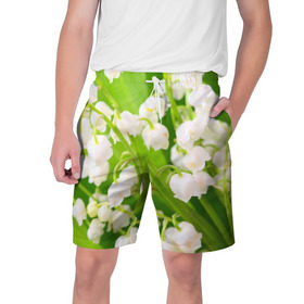 Мужские шорты 3D с принтом Ландыши в Белгороде,  полиэстер 100% | прямой крой, два кармана без застежек по бокам. Мягкая трикотажная резинка на поясе, внутри которой широкие завязки. Длина чуть выше колен | весна | ландыш | цветок