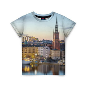 Детская футболка 3D с принтом Швеция в Белгороде, 100% гипоаллергенный полиэфир | прямой крой, круглый вырез горловины, длина до линии бедер, чуть спущенное плечо, ткань немного тянется | Тематика изображения на принте: europe | stockholm | sweden | европа | ес | каникулы | отпуск | стокгольм | туризм | швеция