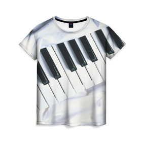 Женская футболка 3D с принтом Клавиши в Белгороде, 100% полиэфир ( синтетическое хлопкоподобное полотно) | прямой крой, круглый вырез горловины, длина до линии бедер | белая | клавиши | музыка | пианино | черная