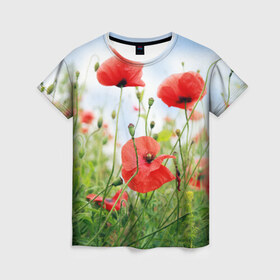 Женская футболка 3D с принтом Дикий мак в Белгороде, 100% полиэфир ( синтетическое хлопкоподобное полотно) | прямой крой, круглый вырез горловины, длина до линии бедер | зелень | лето | луг | лужайка | мак | небо | облака | поле | полевые цветы | природа | растения | растительность