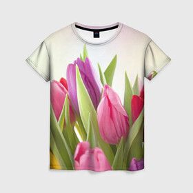 Женская футболка 3D с принтом Тюльпаны в Белгороде, 100% полиэфир ( синтетическое хлопкоподобное полотно) | прямой крой, круглый вырез горловины, длина до линии бедер | 8 марта | аромат | букет | вазон | великолепие | дача | девушки | женщины | краски | красота | куст | лужайка | милые цветы | огород | палитра | прелесть | радуга | растение | тюльпаны