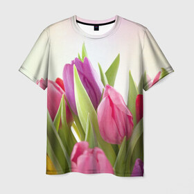 Мужская футболка 3D с принтом Тюльпаны в Белгороде, 100% полиэфир | прямой крой, круглый вырез горловины, длина до линии бедер | 8 марта | аромат | букет | вазон | великолепие | дача | девушки | женщины | краски | красота | куст | лужайка | милые цветы | огород | палитра | прелесть | радуга | растение | тюльпаны