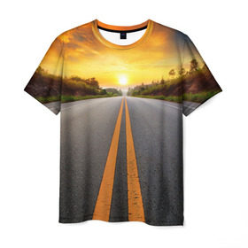 Мужская футболка 3D с принтом Дорога в закат в Белгороде, 100% полиэфир | прямой крой, круглый вырез горловины, длина до линии бедер | автобус | автостоп | будущее | движение | дорога | закат | заря | маршрут | машина | мотоцикл | небо | приключения | природа | путь | рассвет | солнце | трасса | шоссе