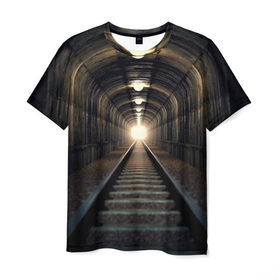 Мужская футболка 3D с принтом Бескрайний тоннель в Белгороде, 100% полиэфир | прямой крой, круглый вырез горловины, длина до линии бедер | железная дорога | иллюзия | коридор | свет в конце тоннеля | тоннель