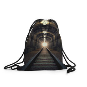 Рюкзак-мешок 3D с принтом Бескрайний тоннель в Белгороде, 100% полиэстер | плотность ткани — 200 г/м2, размер — 35 х 45 см; лямки — толстые шнурки, застежка на шнуровке, без карманов и подкладки | железная дорога | иллюзия | коридор | свет в конце тоннеля | тоннель