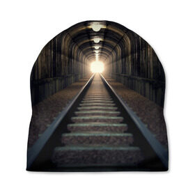 Шапка 3D с принтом Бескрайний тоннель в Белгороде, 100% полиэстер | универсальный размер, печать по всей поверхности изделия | железная дорога | иллюзия | коридор | свет в конце тоннеля | тоннель