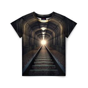 Детская футболка 3D с принтом Бескрайний тоннель в Белгороде, 100% гипоаллергенный полиэфир | прямой крой, круглый вырез горловины, длина до линии бедер, чуть спущенное плечо, ткань немного тянется | железная дорога | иллюзия | коридор | свет в конце тоннеля | тоннель