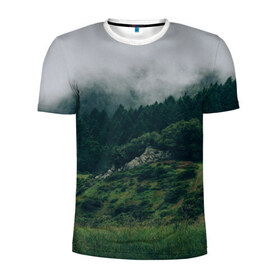 Мужская футболка 3D спортивная с принтом Туманный лес в Белгороде, 100% полиэстер с улучшенными характеристиками | приталенный силуэт, круглая горловина, широкие плечи, сужается к линии бедра | веткгоры | деревья | лес | туман