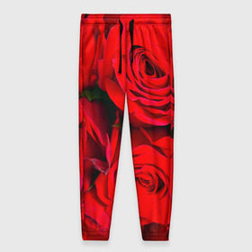 Женские брюки 3D с принтом Розы в Белгороде, полиэстер 100% | прямой крой, два кармана без застежек по бокам, с мягкой трикотажной резинкой на поясе и по низу штанин. В поясе для дополнительного комфорта — широкие завязки | букет | красная | лепестки | роза | цветы