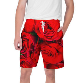 Мужские шорты 3D с принтом Розы в Белгороде,  полиэстер 100% | прямой крой, два кармана без застежек по бокам. Мягкая трикотажная резинка на поясе, внутри которой широкие завязки. Длина чуть выше колен | букет | красная | лепестки | роза | цветы