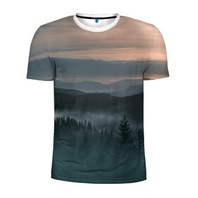 Мужская футболка 3D спортивная с принтом Туман в горах в Белгороде, 100% полиэстер с улучшенными характеристиками | приталенный силуэт, круглая горловина, широкие плечи, сужается к линии бедра | ветки | деревья | лес | туман