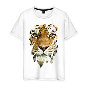 Мужская футболка хлопок с принтом Лик тигра в Белгороде, 100% хлопок | прямой крой, круглый вырез горловины, длина до линии бедер, слегка спущенное плечо. | tiger | дикая кошка | тигр | хищник