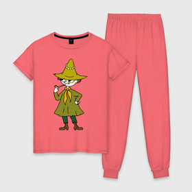 Женская пижама хлопок с принтом Снусмумрик в Белгороде, 100% хлопок | брюки и футболка прямого кроя, без карманов, на брюках мягкая резинка на поясе и по низу штанин | муми тролль