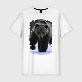 Мужская футболка премиум с принтом Русский медведь в Белгороде, 92% хлопок, 8% лайкра | приталенный силуэт, круглый вырез ворота, длина до линии бедра, короткий рукав | берлога | животное | зверь | косолапый | медведь | мишка | потапыч | хищник | хозяин тайги