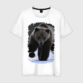 Мужская футболка хлопок с принтом Русский медведь в Белгороде, 100% хлопок | прямой крой, круглый вырез горловины, длина до линии бедер, слегка спущенное плечо. | Тематика изображения на принте: берлога | животное | зверь | косолапый | медведь | мишка | потапыч | хищник | хозяин тайги