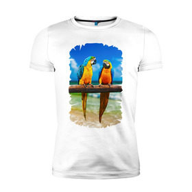 Мужская футболка премиум с принтом Попугаи в Белгороде, 92% хлопок, 8% лайкра | приталенный силуэт, круглый вырез ворота, длина до линии бедра, короткий рукав | джунгли | клюв | острова | перья | попугай | птица | тропики | экзотика