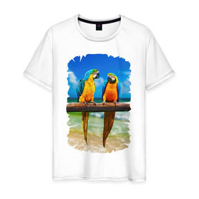 Мужская футболка хлопок с принтом Попугаи в Белгороде, 100% хлопок | прямой крой, круглый вырез горловины, длина до линии бедер, слегка спущенное плечо. | джунгли | клюв | острова | перья | попугай | птица | тропики | экзотика