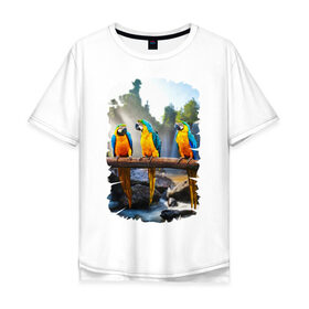 Мужская футболка хлопок Oversize с принтом Попугаи на ветке в Белгороде, 100% хлопок | свободный крой, круглый ворот, “спинка” длиннее передней части | джунгли | клюв | острова | перья | попугай | птица | тропики | экзотика