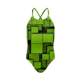 Детский купальник 3D с принтом Зеленые кубики в Белгороде, Полиэстер 85%, Спандекс 15% | Слитный крой, подклад по переду изделия, узкие бретели | Тематика изображения на принте: кубы | текстура