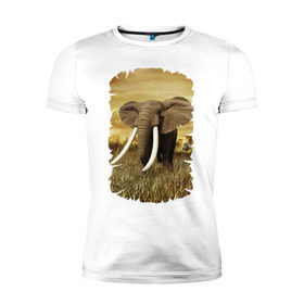 Мужская футболка премиум с принтом Могучий слон в Белгороде, 92% хлопок, 8% лайкра | приталенный силуэт, круглый вырез ворота, длина до линии бедра, короткий рукав | Тематика изображения на принте: elephant | африка | бивни | джунгли | мамонт | савана | сафари | слон | хобот