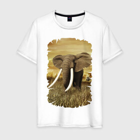 Мужская футболка хлопок с принтом Могучий слон в Белгороде, 100% хлопок | прямой крой, круглый вырез горловины, длина до линии бедер, слегка спущенное плечо. | Тематика изображения на принте: elephant | африка | бивни | джунгли | мамонт | савана | сафари | слон | хобот