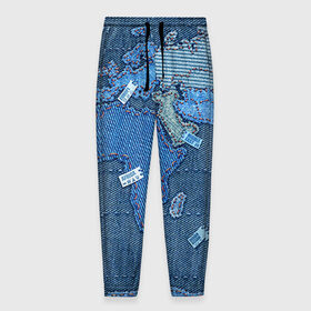 Мужские брюки 3D с принтом Джинсовый 4 в Белгороде, 100% полиэстер | манжеты по низу, эластичный пояс регулируется шнурком, по бокам два кармана без застежек, внутренняя часть кармана из мелкой сетки | Тематика изображения на принте: джинсовый | джинсы | карта | мир