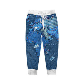 Детские брюки 3D с принтом Джинсовый 4 в Белгороде, 100% полиэстер | манжеты по низу, эластичный пояс регулируется шнурком, по бокам два кармана без застежек, внутренняя часть кармана из мелкой сетки | Тематика изображения на принте: джинсовый | джинсы | карта | мир