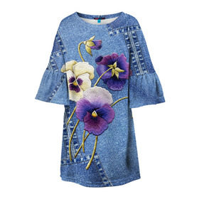 Детское платье 3D с принтом Джинсовый 6 в Белгороде, 100% полиэстер | прямой силуэт, чуть расширенный к низу. Круглая горловина, на рукавах — воланы | Тематика изображения на принте: джинсовый | джинсы | цветы