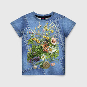Детская футболка 3D с принтом Джинсовый 11 в Белгороде, 100% гипоаллергенный полиэфир | прямой крой, круглый вырез горловины, длина до линии бедер, чуть спущенное плечо, ткань немного тянется | Тематика изображения на принте: джинсовый | джинсы | цветы