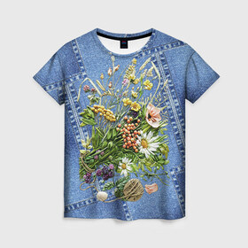 Женская футболка 3D с принтом Джинсовый 11 в Белгороде, 100% полиэфир ( синтетическое хлопкоподобное полотно) | прямой крой, круглый вырез горловины, длина до линии бедер | джинсовый | джинсы | цветы