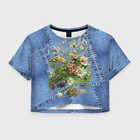 Женская футболка 3D укороченная с принтом Джинсовый 11 в Белгороде, 100% полиэстер | круглая горловина, длина футболки до линии талии, рукава с отворотами | джинсовый | джинсы | цветы